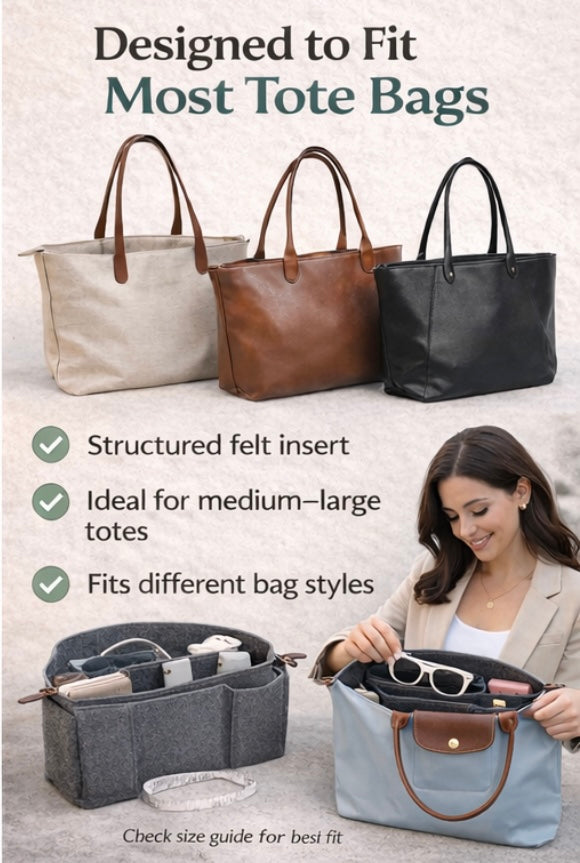 Product advertisement for a tote bag organizer with text and images of bags and a woman using it.