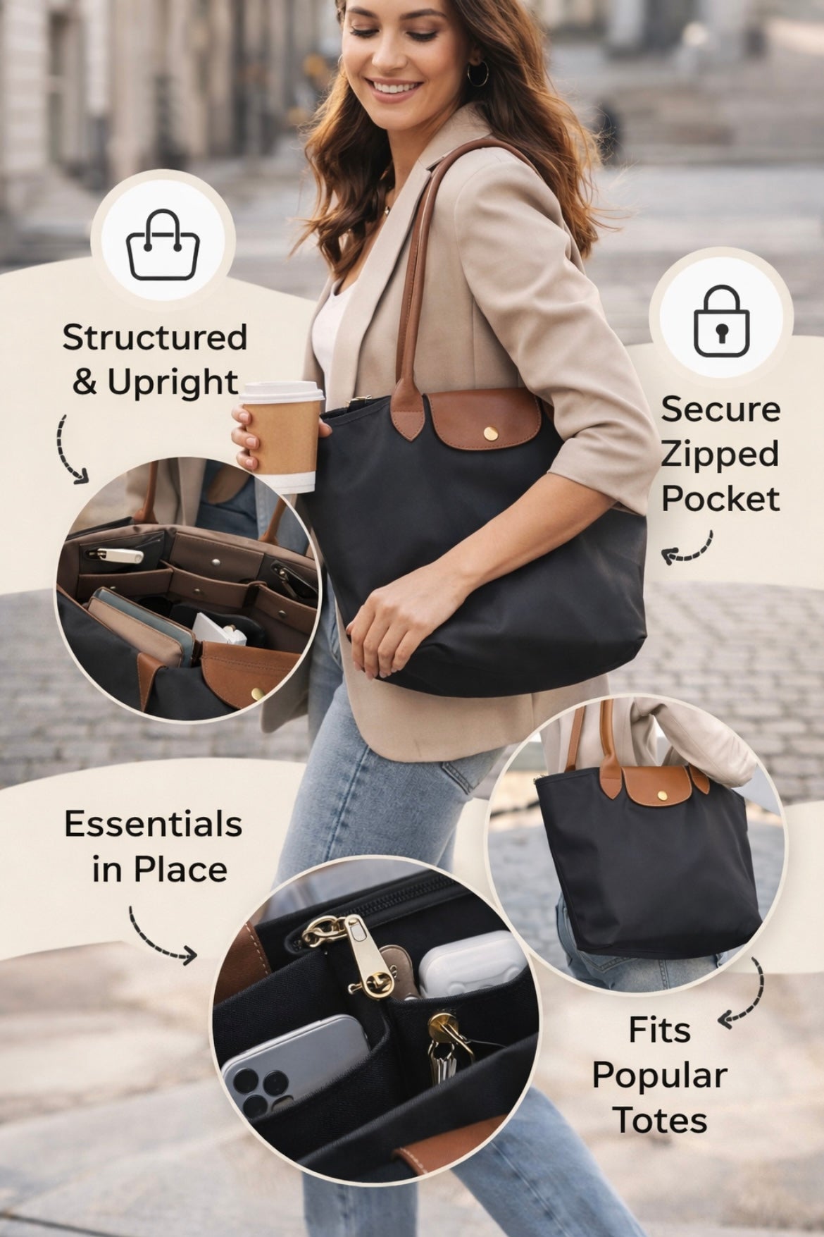 Woman holding a black tote bag with features highlighted on an urban background